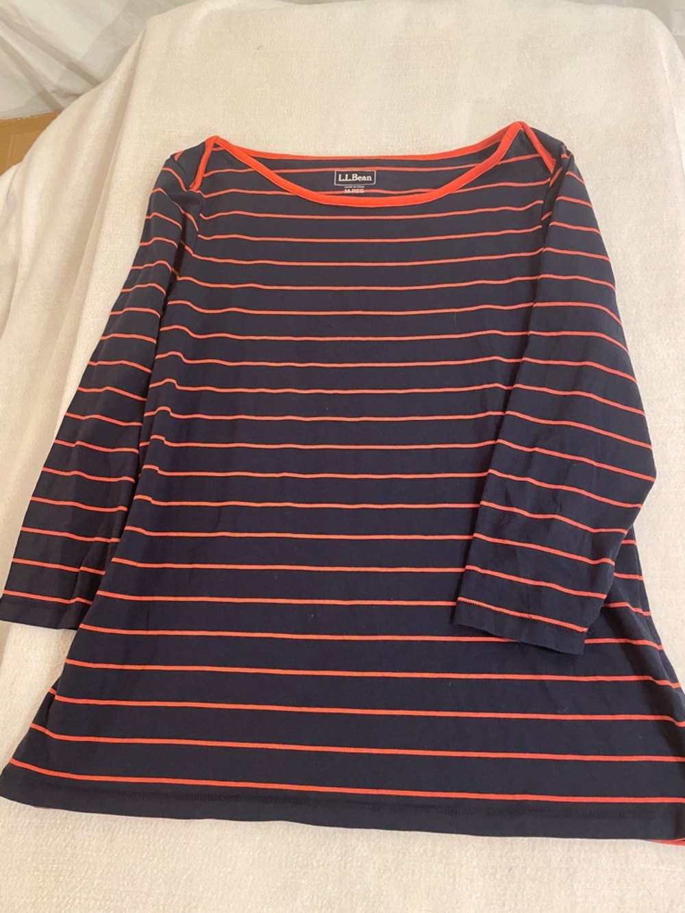 L.L. Bean Navy with Coral Stripe Boatneck Tee